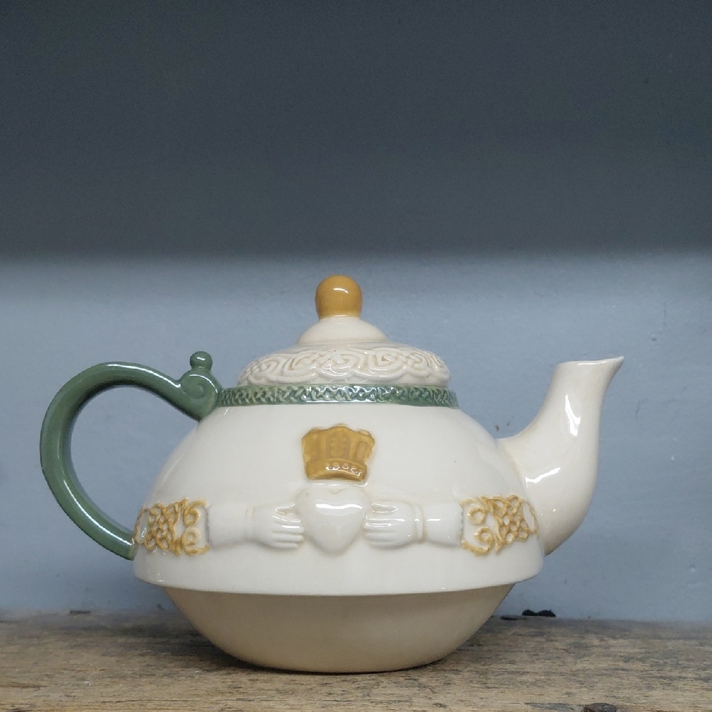 Grasslands Road Irish Cream Teapot with Green Handle and Gold Accents